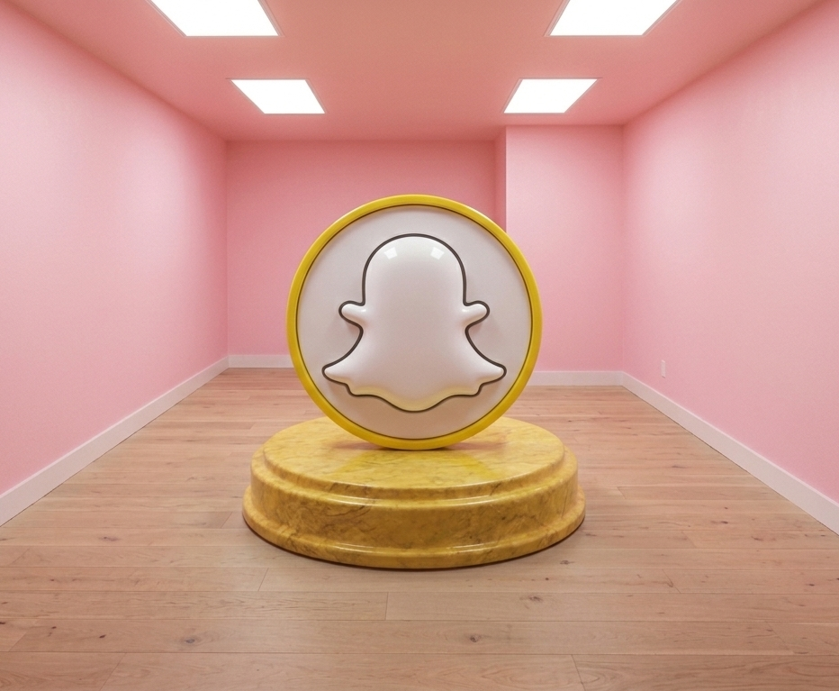 sculpture du logo snapchat dans une pièce minimaliste rose.