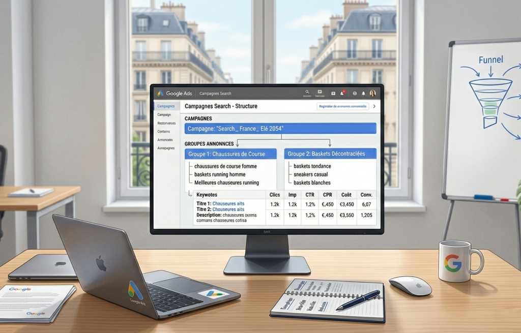 série d'illustrations montrant l'organisation technique et l'analyse de données sur l'interface google ads.