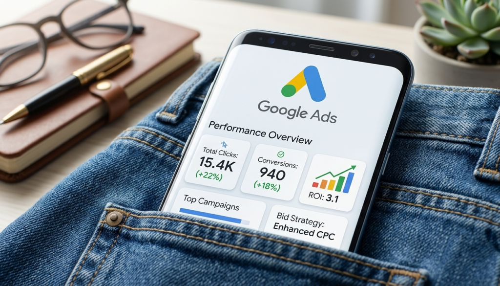 smartphone affichant google ads dans une poche de jean.