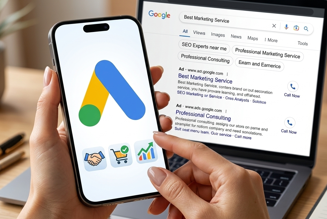 smartphone affichant google ads devant un écran de résultats.