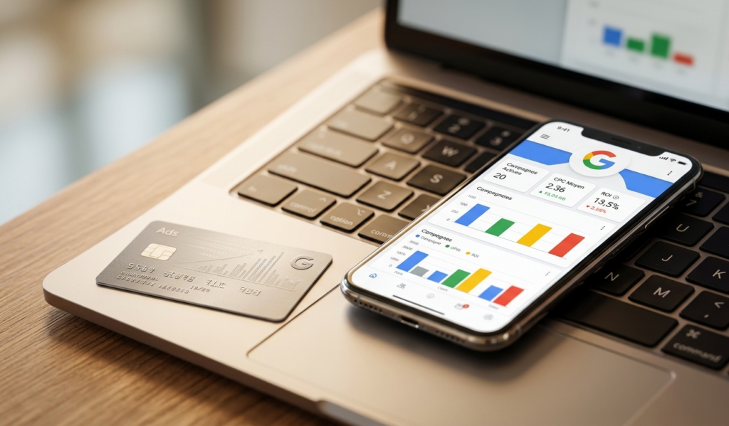 smartphone affichant google ads posé sur un ordinateur.