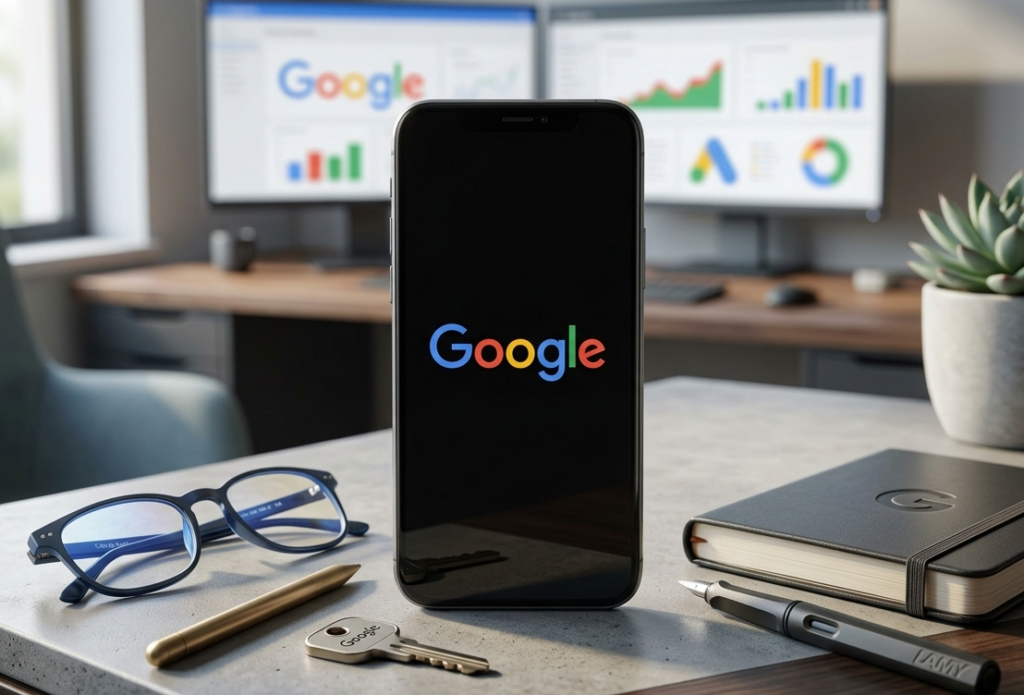 smartphone affichant google sur un bureau professionnel.