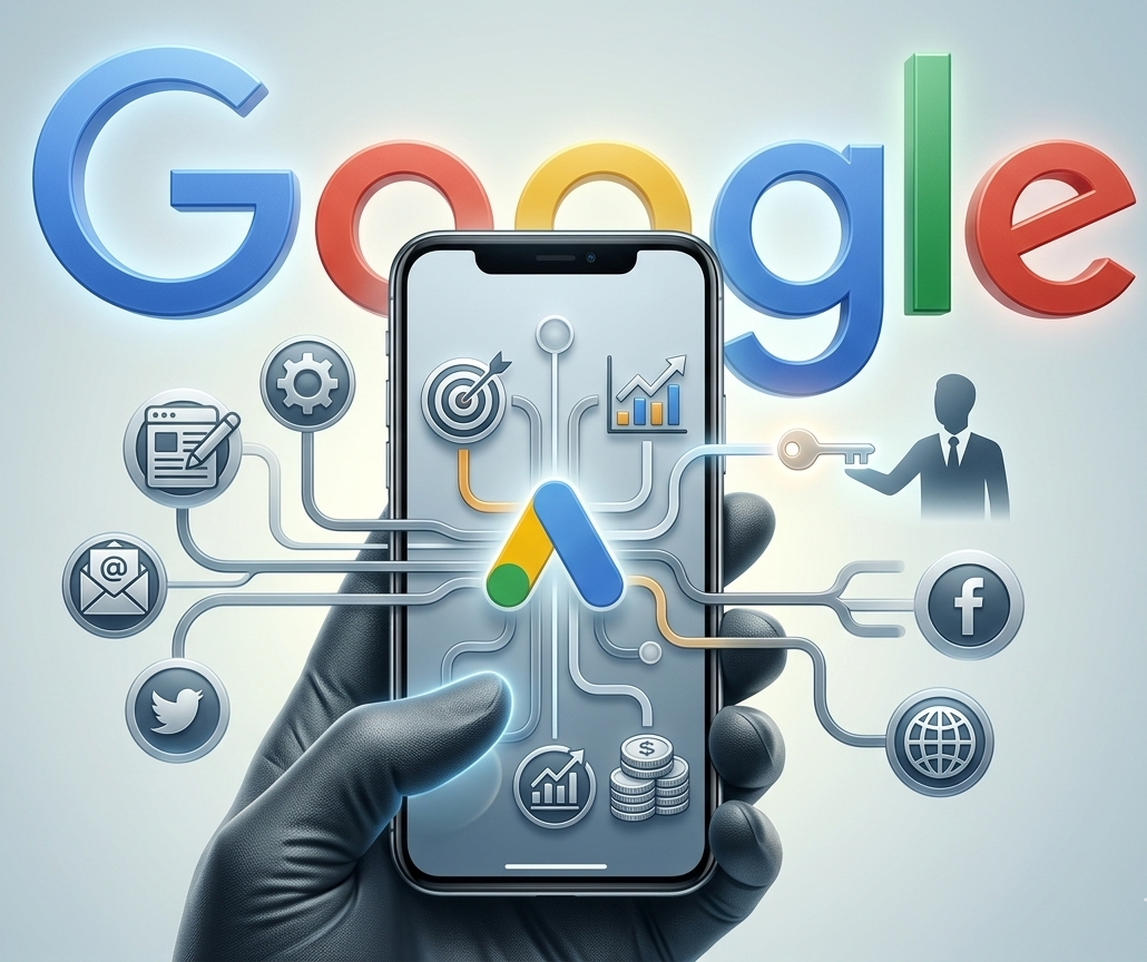 smartphone affichant l'écosystème publicitaire google ads.