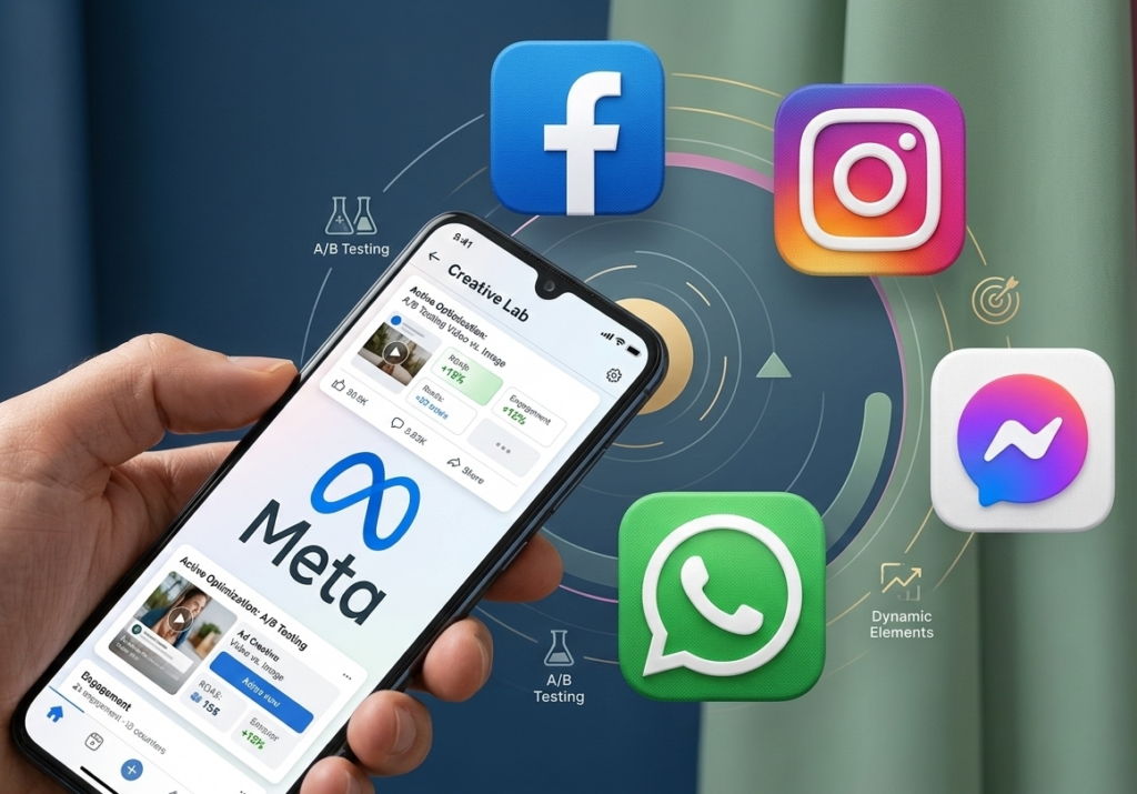 smartphone affichant l'interface meta business entouré d'icônes de réseaux sociaux.