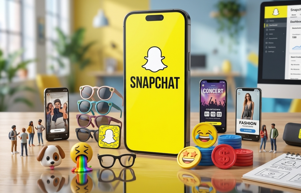 smartphone affichant snapchat entouré d'accessoires publicitaires modernes.