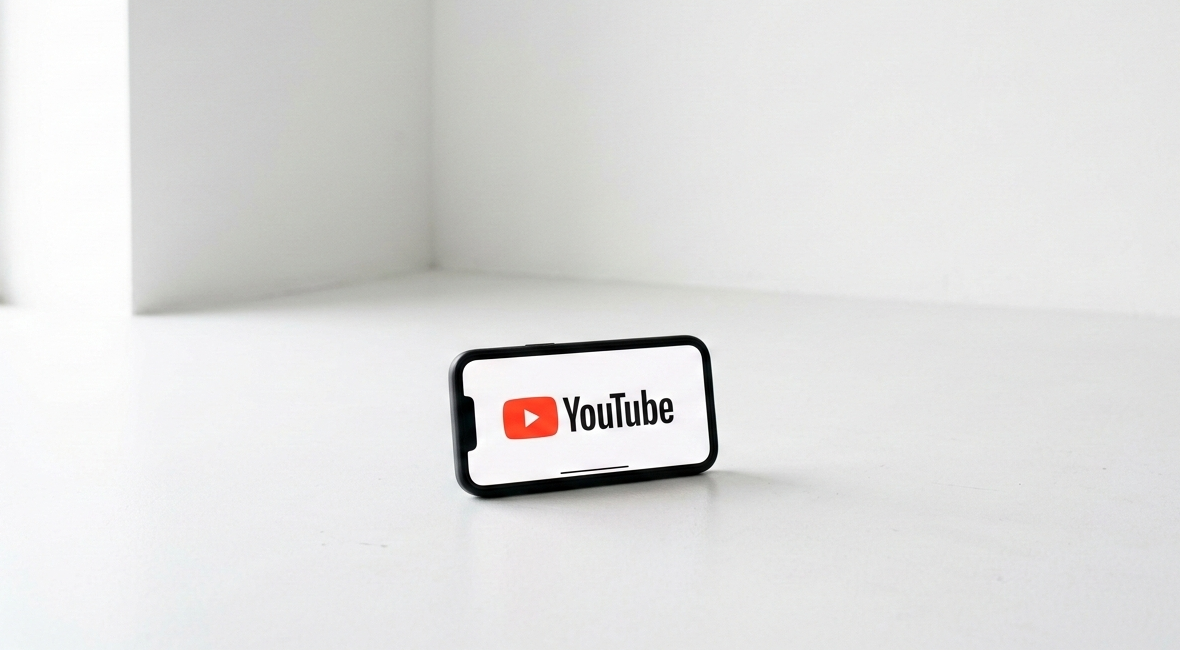 smartphone posé affichant le logo youtube sur fond blanc.