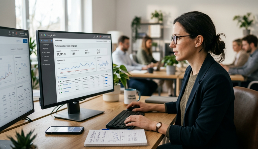 spécialiste analysant des campagnes google ads en bureau.