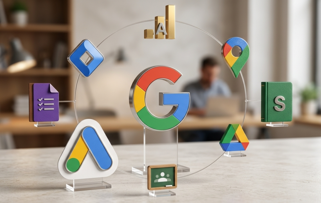 symboles google ads et marketing digital sur bureau professionnel.