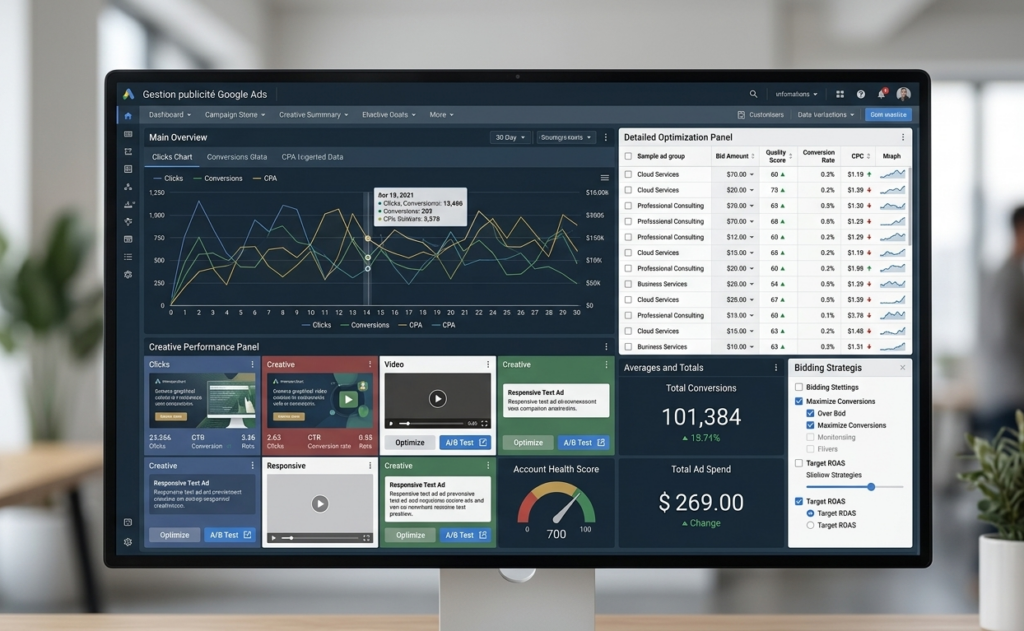 tableau de bord de gestion publicitaire google ads avec suivi des conversions et stratégies d'enchères.
