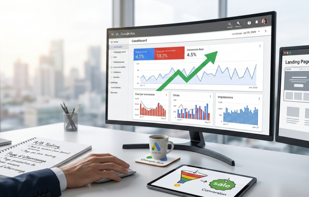 tableau de bord google ads affichant une croissance des conversions.