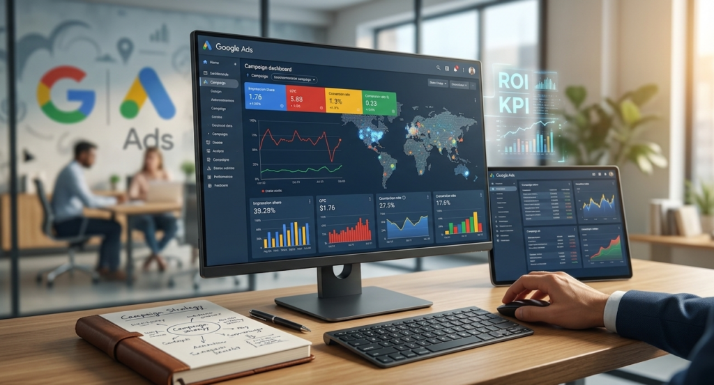 tableau de bord google ads avec métriques roi et kpi.