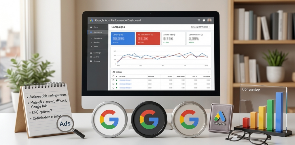 tableau de bord google ads sur ordinateur avec graphiques.