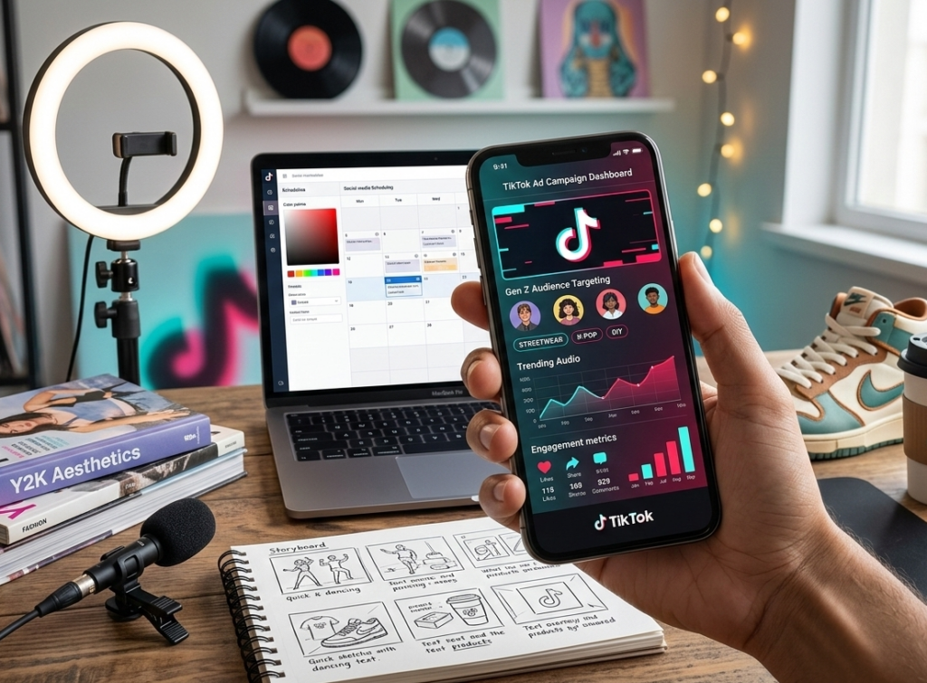 tableau de bord tiktok ads sur smartphone dans un studio.