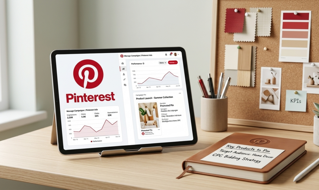 tablette affichant l'interface pinterest ads sur un bureau professionnel.