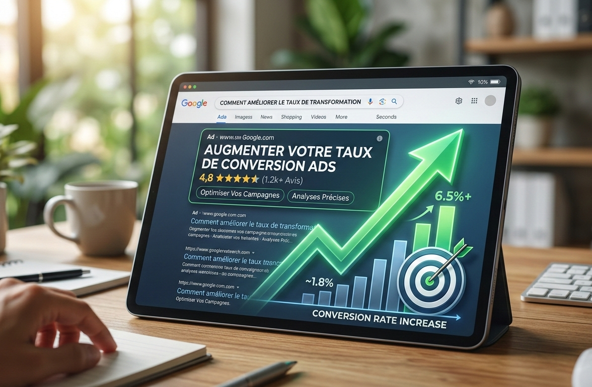 tablette affichant une publicité google pour augmenter le taux de conversion.