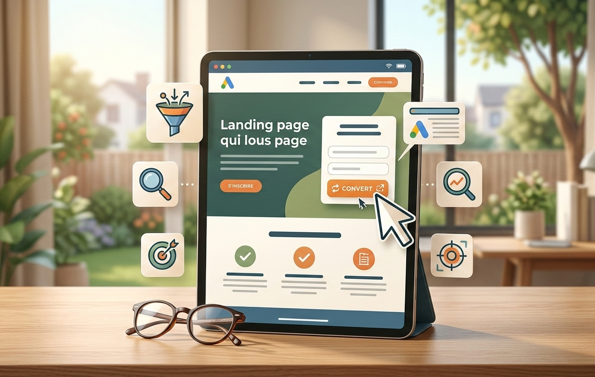 tablette illustrant une landing page avec des icônes marketing.