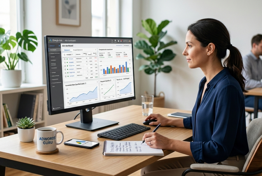 une experte analyse un tableau de bord google ads.