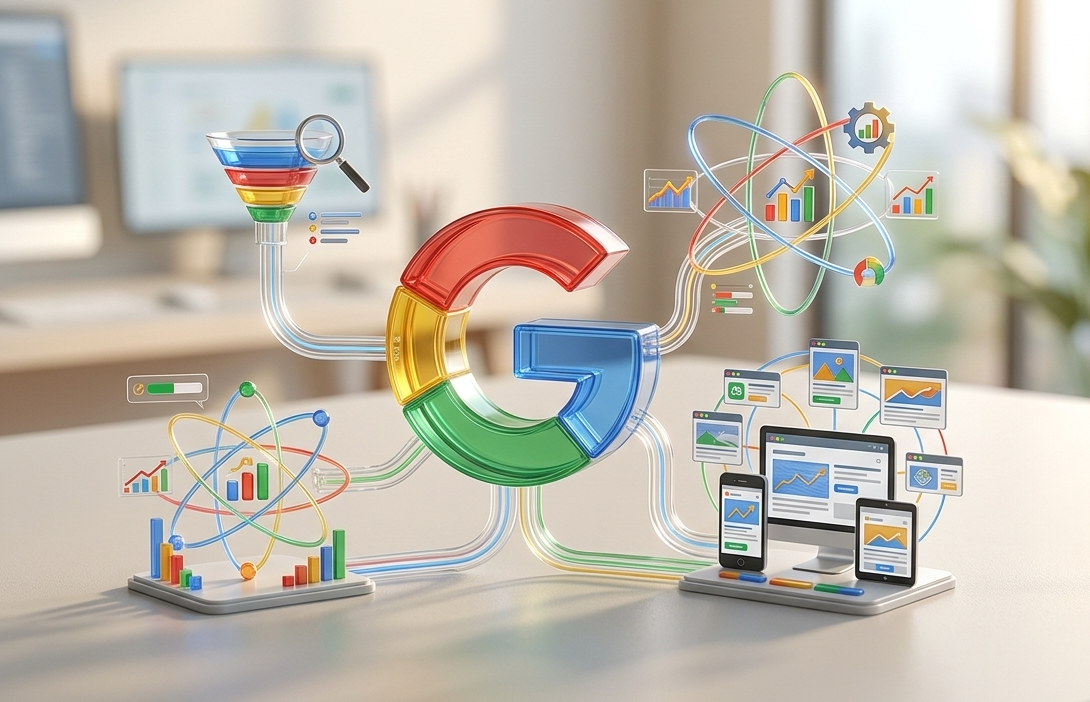 visualisation 3d de l'écosystème publicitaire google ads.