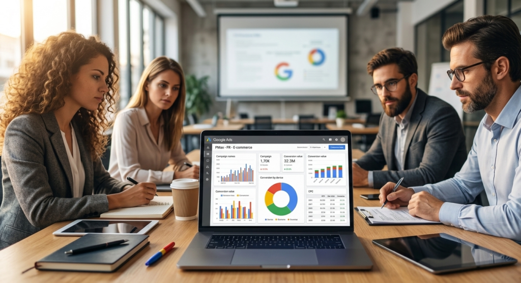Équipe analysant les performances google ads