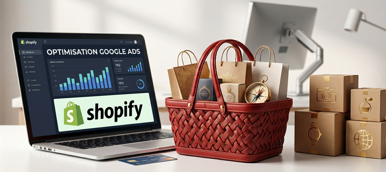 panier rouge devant un ordinateur portable