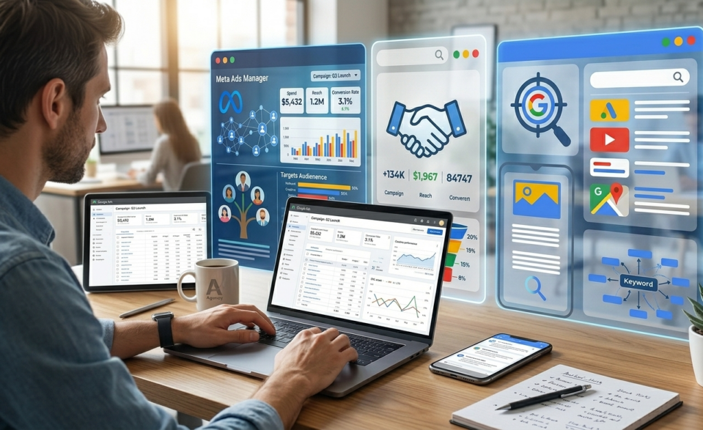 professionnel analysant un tableau de bord marketing