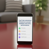 Smartphone affichant une liste d'extensions d'annonces publicitaires