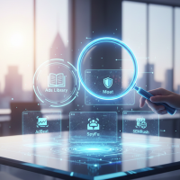 Une main examinant des outils de marketing digital via une loupe.