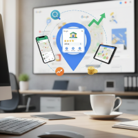 Icône Google Maps flottante entourée d'appareils et de graphiques