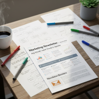 Newsletter marketing et schémas stratégiques sur un bureau