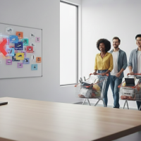 Trois personnes avec des caddies devant un tableau d'affichage.