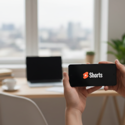 Utilisatrice locataire d'un smartphone avec le logo YouTube Shorts