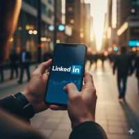 Utilisateur locataire d'un smartphone avec le logo LinkedIn en ville