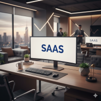 Écran d'ordinateur affichant « SAAS » dans un bureau moderne.