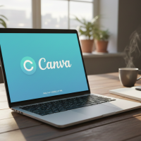 Ordinateur portable affichant Canva sur une table avec café