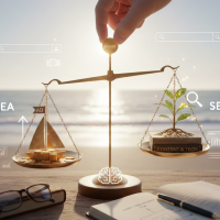 Balance entre SEA (publicité) et SEO (croissance organique) au bord de mer.