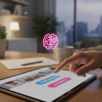 Utilisatrice naviguant sur une tablette avec une icône cerveau