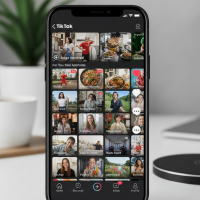Interface TikTok affichée sur un smartphone posé devant un café.