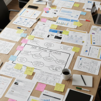 Table de réunion jonchée de documents stratégiques SGE