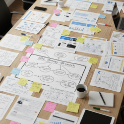 Table de réunion jonchée de documents stratégiques SGE