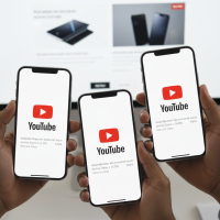 Trois smartphones affichant le logo YouTube tenus par des mains.
