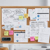 Tableau de bord affichant des stratégies marketing et graphiques ROAS