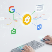 Utilisateur naviguant entre différents outils marketing via un clavier