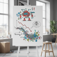 Chevalet d'artiste affichant des croquis de robot et de graphiques