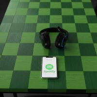 Smartphone affichant Spotify et casque sur une table damier