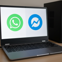 Ordinateur portable affichant les logos de WhatsApp et Facebook Messenger