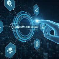 Main robotique pointant une interface de défense cybernétique quantique