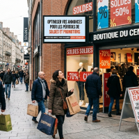 boutique de rue affichant des annonces de soldes et promotions.
