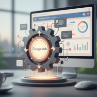 engrenage google ads devant un écran d'analyse de données.