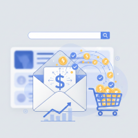 enveloppe libérant des pièces d'or vers un panier d'achat.