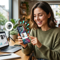 femme souriante analysant des performances publicitaires tiktok sur smartphone.